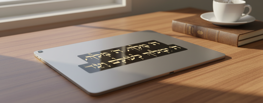 מדבקת ה׳ מלך על טאבלט - שולחן עץ