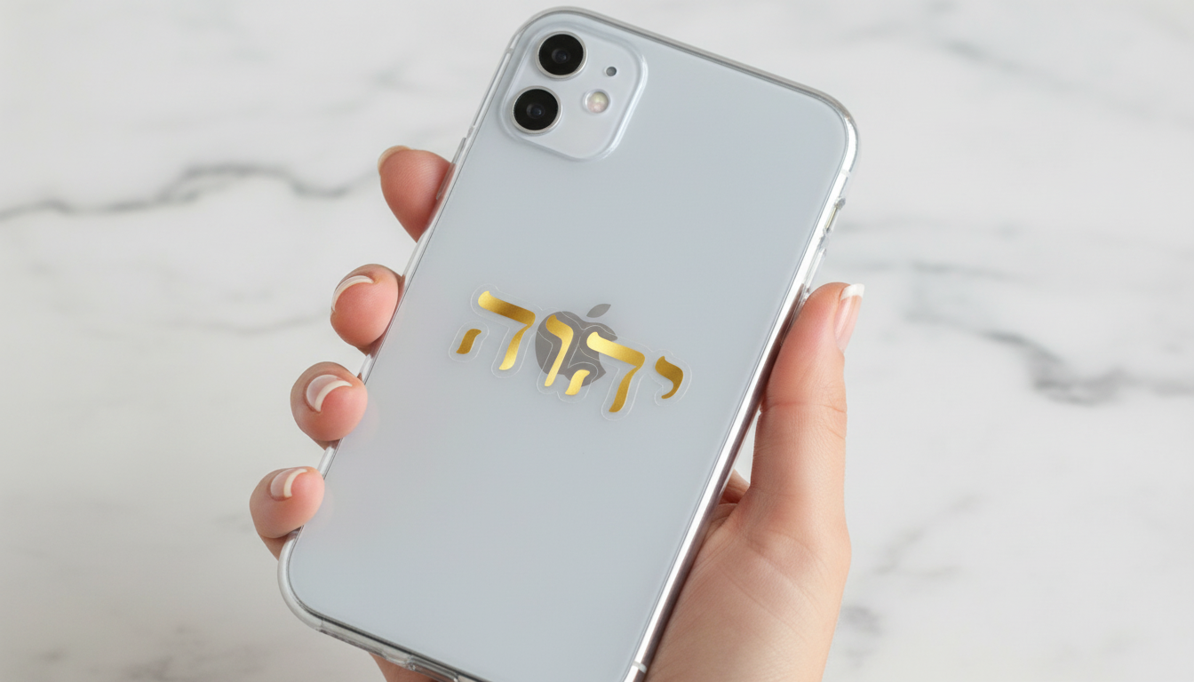 מדבקת שם הוי״ה על טלפון נייד — רק האותיות, ללא רקע
